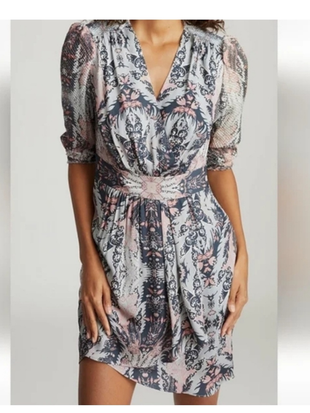 Reiss Lacey printed silk blend long sleeve mini dress 6